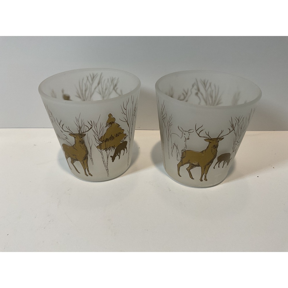 Set‎ Of 2 Frosted Glass Votive Candle Holders Woodland Deer Winter Scene
